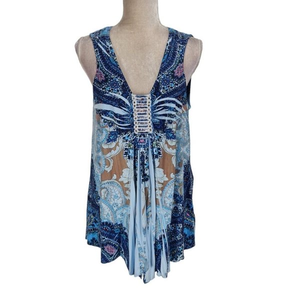 unity world mean Womens Asymmetric Hem Tank Top Flowy Size L Blue Floral  B6P - Picture 1 of 7